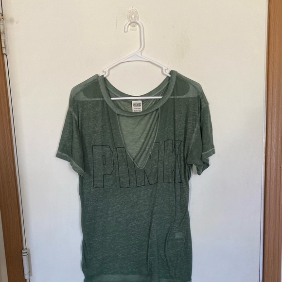 PINK, small olive green, thin T-shirt with V cut out - Picture 1 of 3